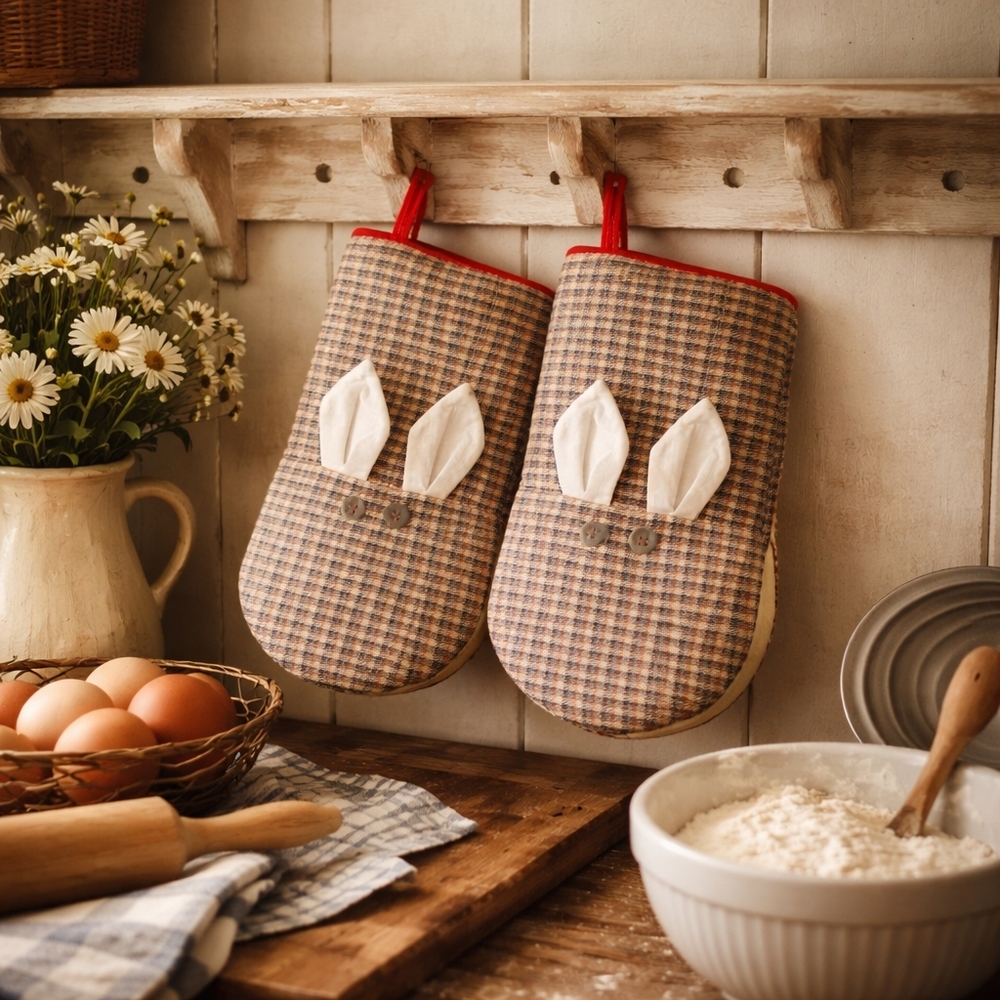 Vintage Handmade Bunny Pot Holder Set Cottagecore Farmhouse Kitchen Decor Easter